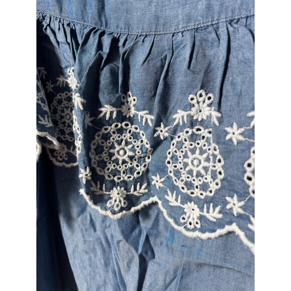 SO Ruffle Cold Shoulder Top Size Small Embroidered Eyelet Chambray Blue Boho NEW - Picture 5 of 8